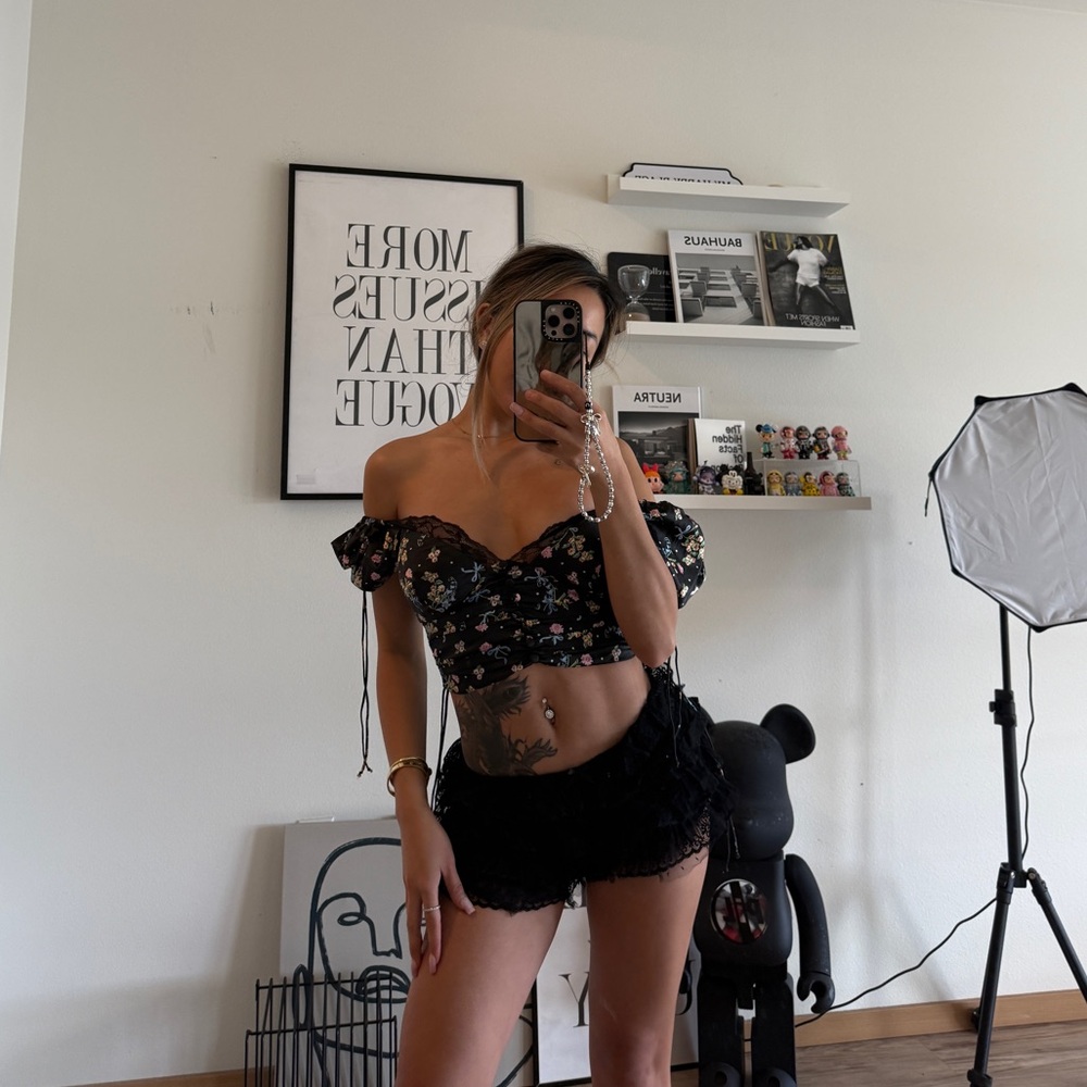 For Love And Lemons Black Floral Off-Shoulder Top
